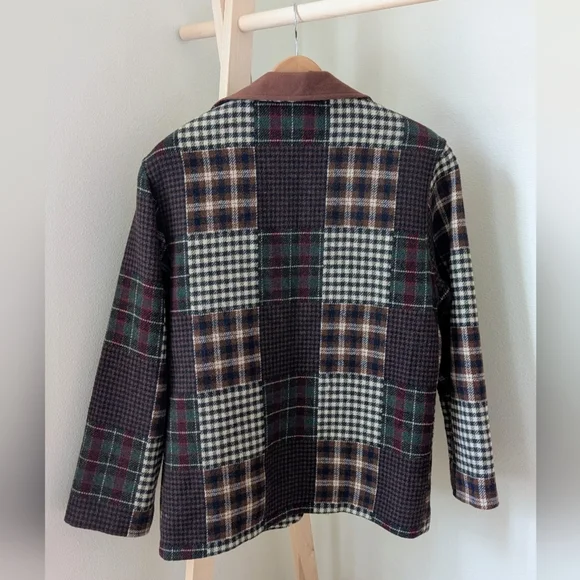 Vintage Wool Plaid Patchwork Button Up Jacket In Burgundy/Brown/Navy